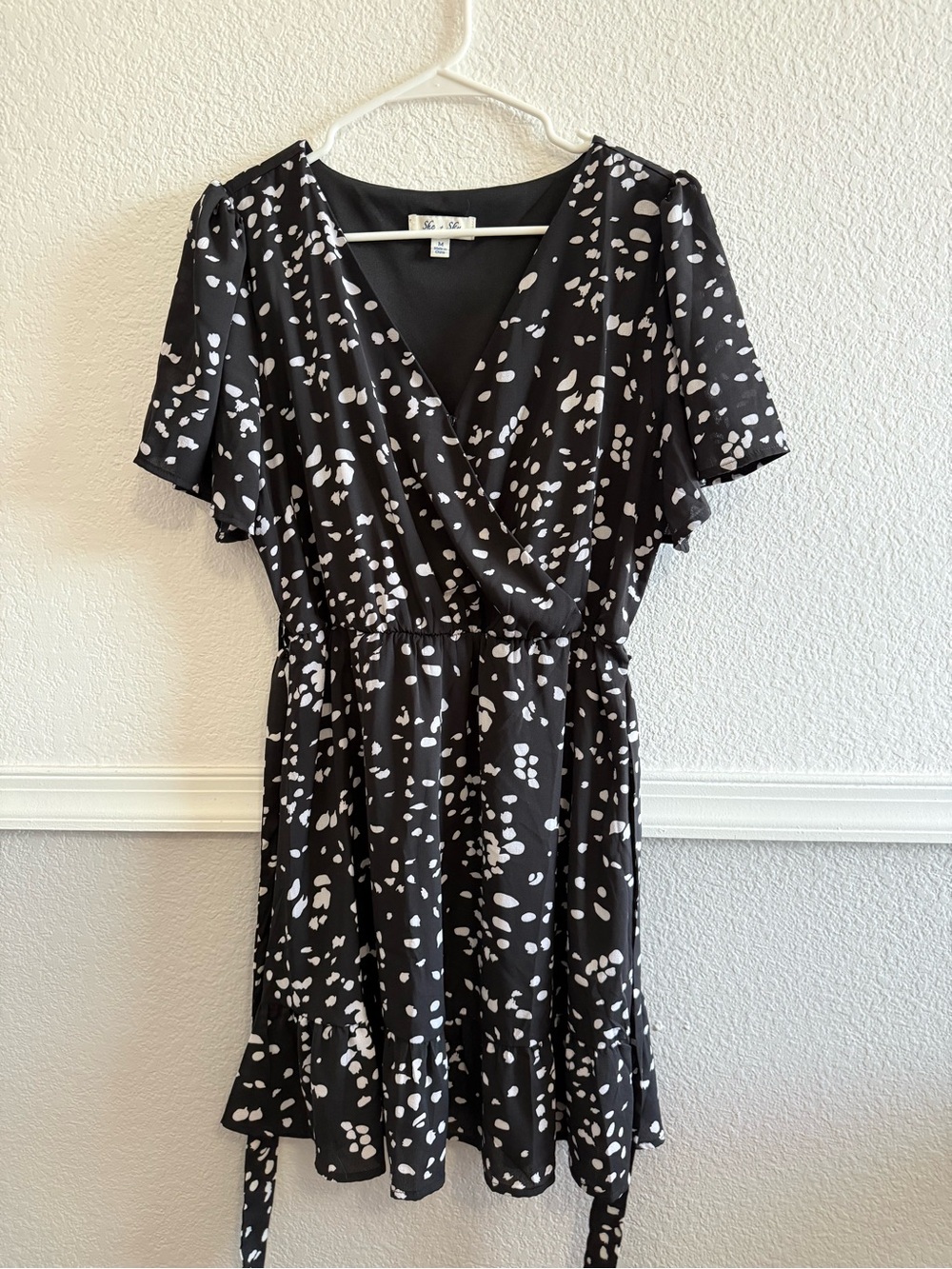 She + Sky Black and White Printed Wrap-Front Dress